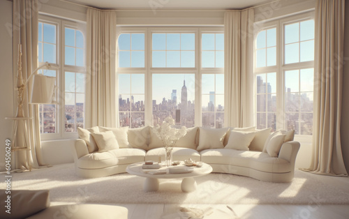 Bright and airy ivory living room with large windows and city view, Generative AI 