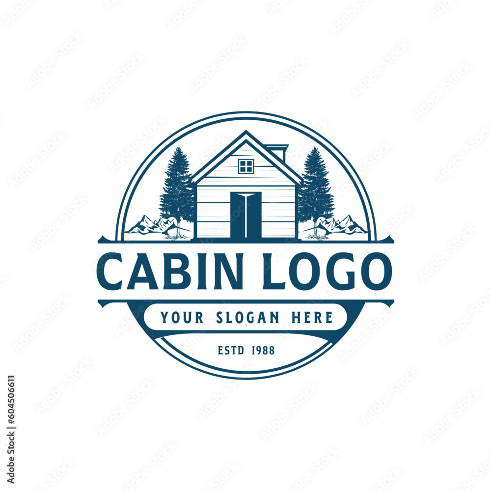 Unique cabin and wooden house  logo design, mountains and pine forest, vintage wooden house
