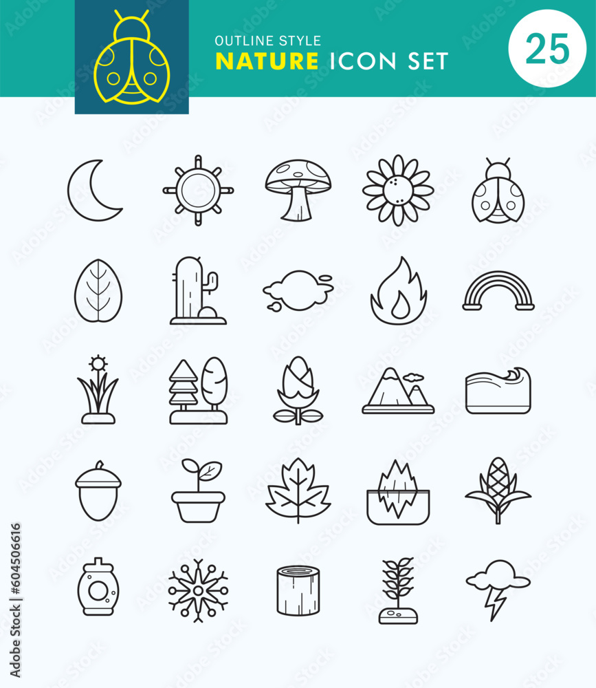 Fototapeta premium Set of Nature Icon Outline Style. Sun, Plant, Flower, Wildlife.