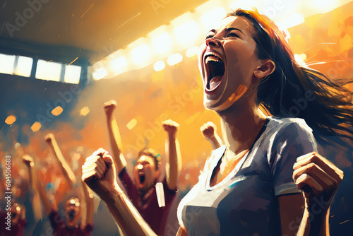 illustration painting of Group of fans cheer for their team victory on a stadium. They wear casual fan clothes. (ai generated) photo