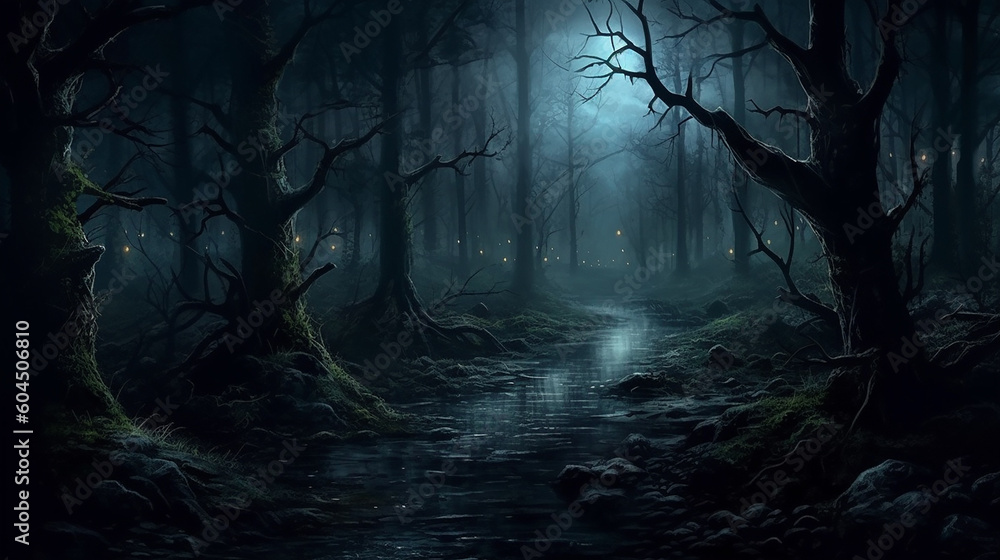 dark night forest, fantasy, moon light, magic light,Generative AI