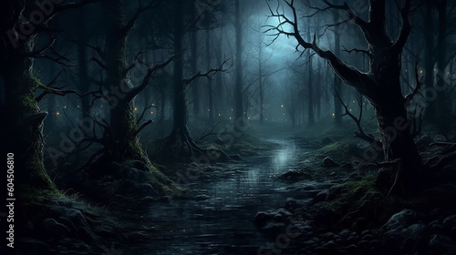 dark night forest  fantasy  moon light  magic light Generative AI