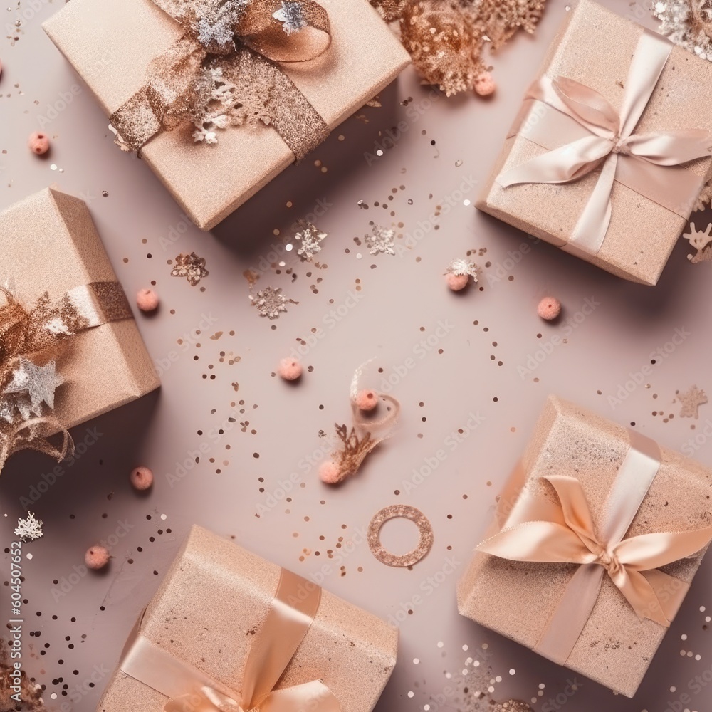 Gift box flat top view. Christmas and New Year surprise gift box. generative ai Gift box flat top view. Christmas and New Year surprise gift box. generative ai