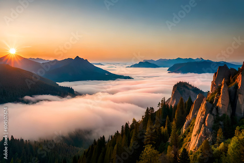 Majestic Mountains and Ethereal Clouds, Embracing the Beauty of Nature's Harmony, Capturing the Serene Landscape of Mountains and Dreamy Clouds © Agry