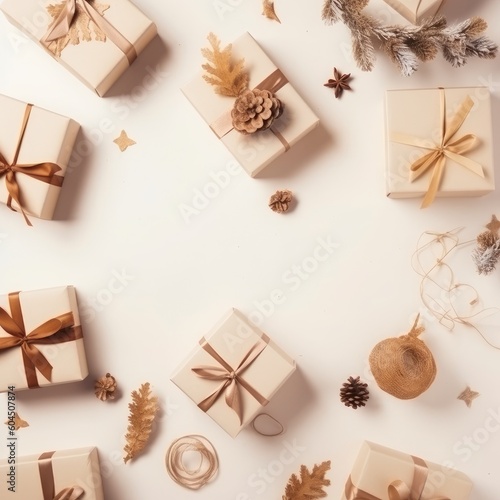 Gift box flat top view. Christmas and New Year surprise gift box. generative ai