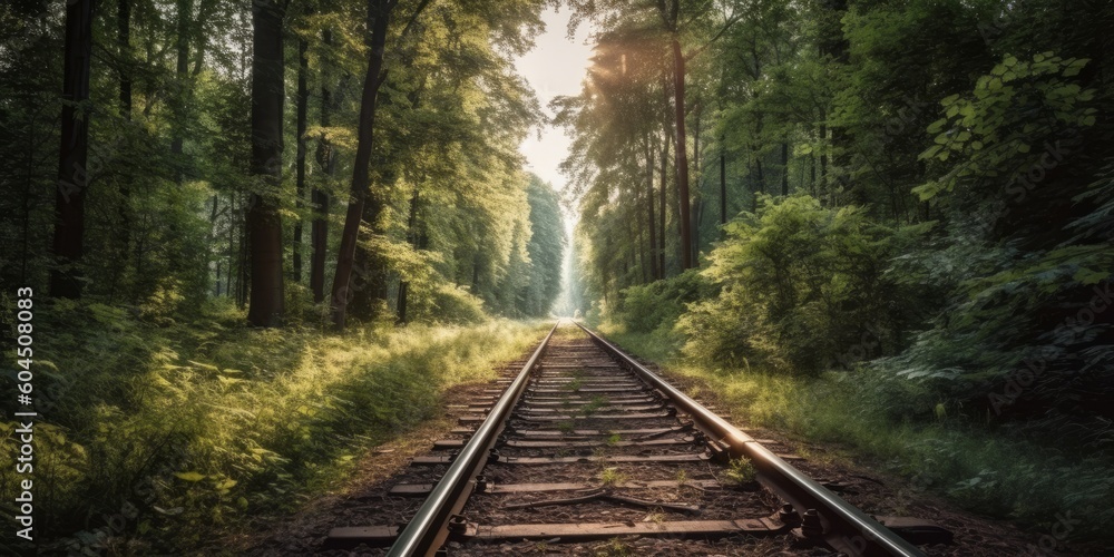 Railway in the forest. The concept of travel and tourism, generative Ai