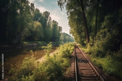 Railway track in the forest. Retro style toned image, generative Ai