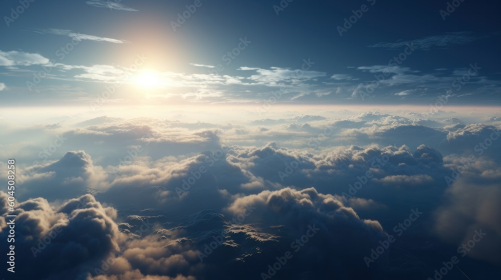 Fly above clouds sunset landscape, 3D render illustration of clouds and sun, generative Ai