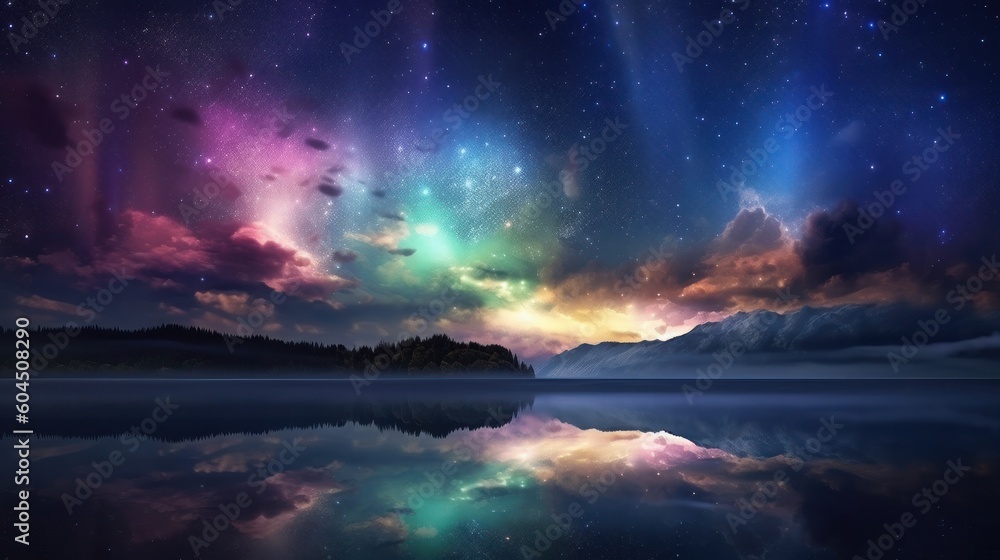 Fantasy landscape with lake and aurora borealis in the sky, generative Ai