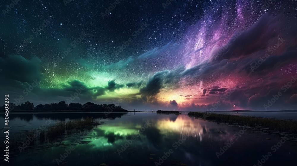 Aurora borealis in the night sky over the lake, generative Ai