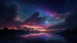 Beautiful night sky with stars and clouds over the river. Nature composition, generative Ai