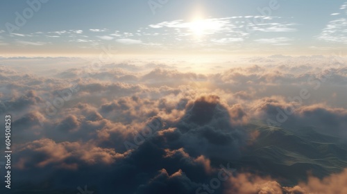 Beautiful aerial view above clouds with sun ray. 3d illustration, generative Ai