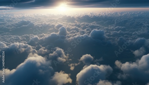 Beautiful aerial view above clouds with sunset. 3d render illustration, generative Ai