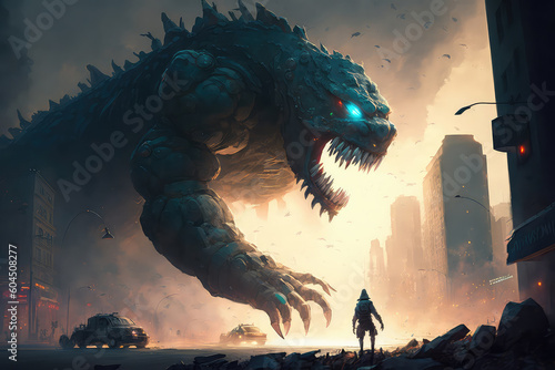 illustration painting design style a warrior with a giant monster in blizzard against abandoned factories. digital painting (ai generated) © ImagineDesign