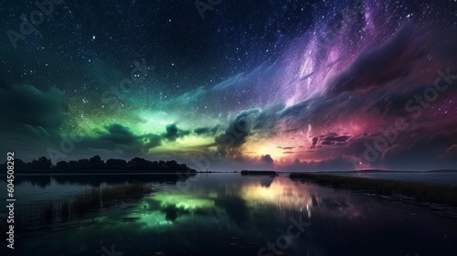 Aurora borealis in the night sky over the lake, generative Ai © Angus.YW