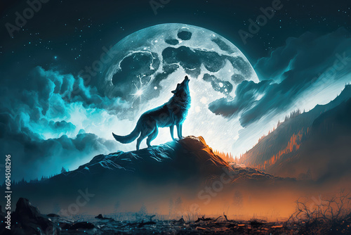 Digital illustration art painting a wolf howling in the wild, big fool moon and clouds is background. terrible, horror lonely, scary, creepy concept. (ai generated)