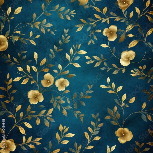 seamless gold and blue floral pattern with flowers and leaves