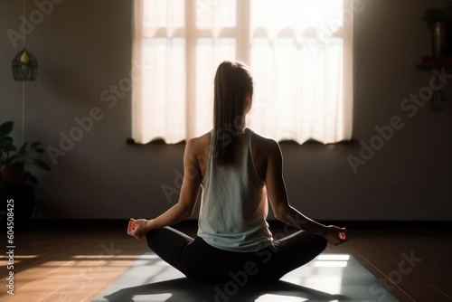 Young woman practicing yoga at home, sitting in lotus position, meditating, generative Ai