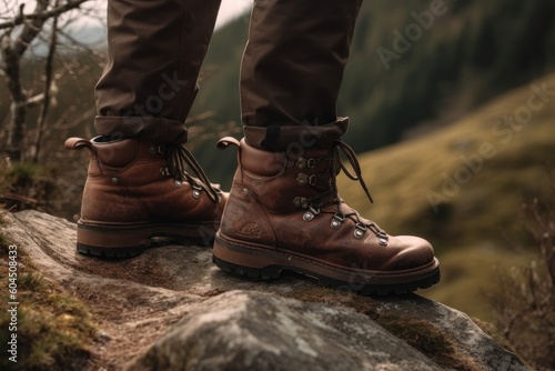 Hiking boots in the mountains. A man standing on top of the mountain, generative Ai