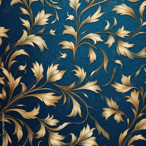 seamless gold and blue floral pattern with flowers and leaves