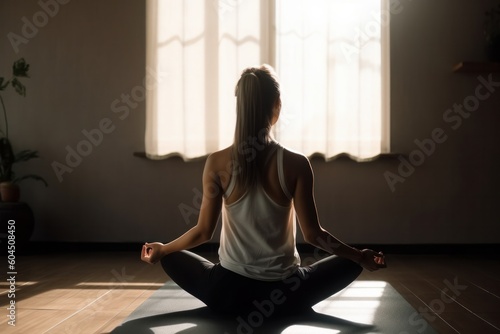 Young woman practicing yoga at home, sitting in lotus position, generative Ai