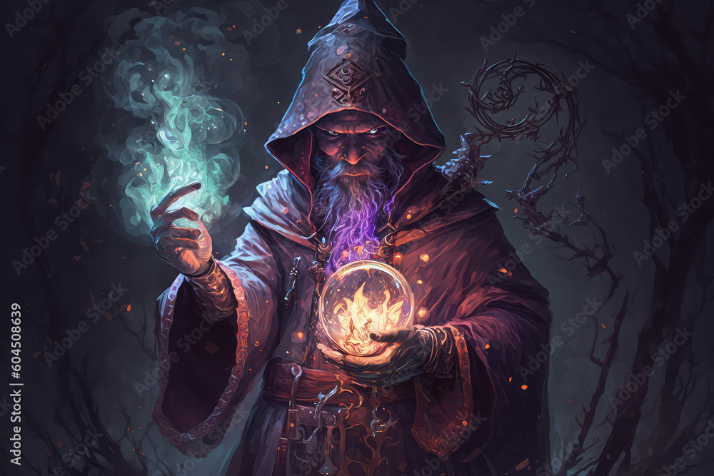 Obraz premium Wizard casting a spell against a fantasy concept art character (ai generated)