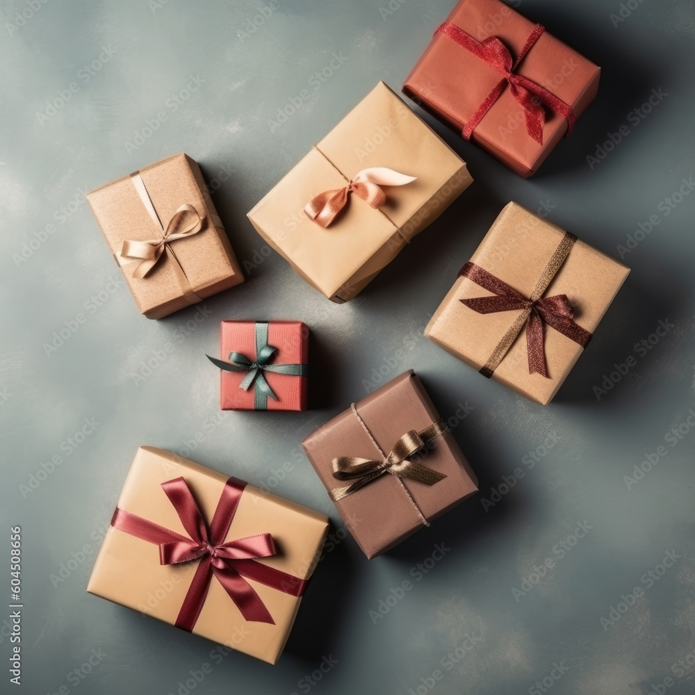 Gift box flat top view. Christmas and New Year surprise gift box. generative ai Gift box flat top view. Christmas and New Year surprise gift box. generative ai