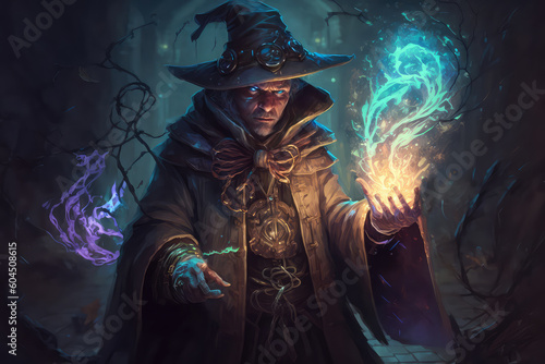 Wizard casting a spell against a fantasy concept art character  ai generated 
