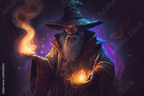 Wizard casting a spell against a fantasy concept art character (ai generated)