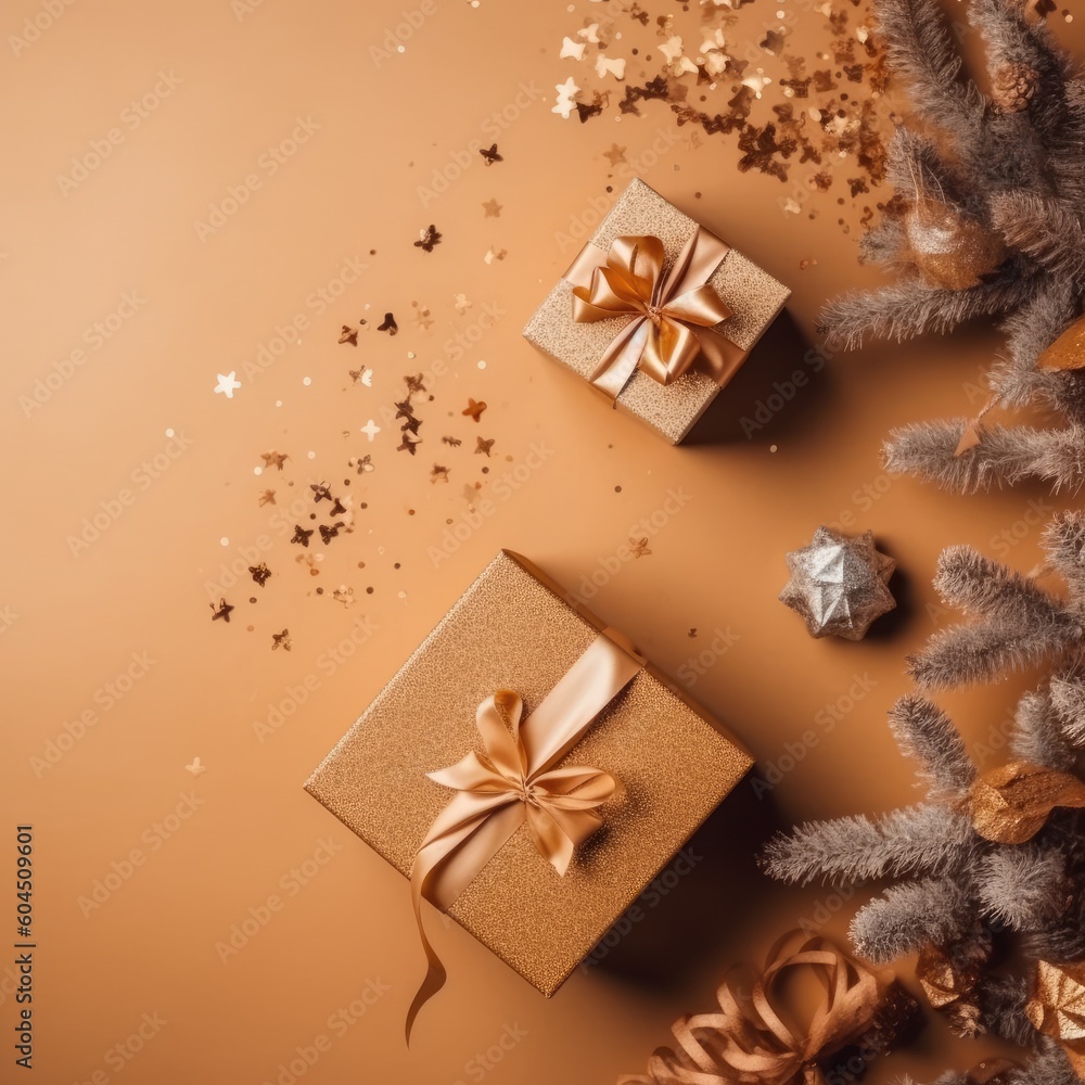 Gift box flat top view. Christmas and New Year surprise gift box. generative ai Gift box flat top view. Christmas and New Year surprise gift box. generative ai