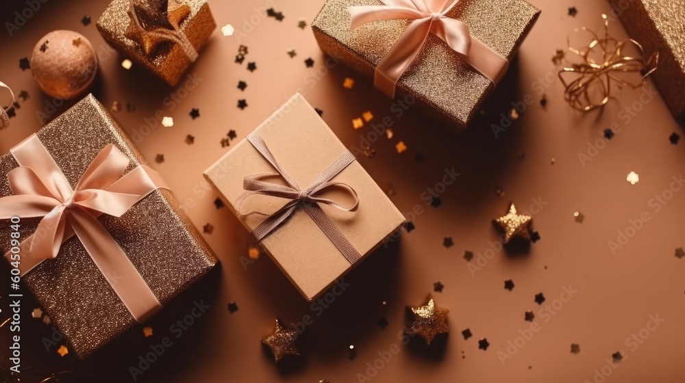 Gift box flat top view. Christmas and New Year surprise gift box. generative ai Gift box flat top view. Christmas and New Year surprise gift box. generative ai