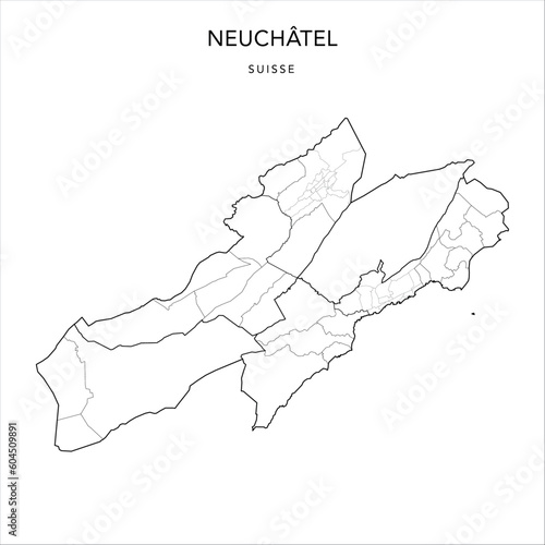 Vector Map of the Canton of Neuchâtel with the Administrative Borders of Regions, Former Districts, Municipalities (Communes) and Neuchâtel and La Chaux-de-Fonds Quarters as of 2023 - Switzerland