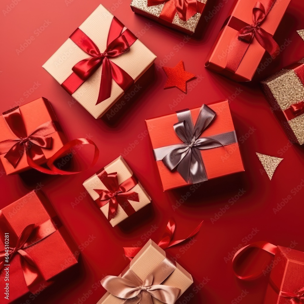 Gift box flat top view. Christmas and New Year surprise gift box. generative ai Gift box flat top view. Christmas and New Year surprise gift box. generative ai