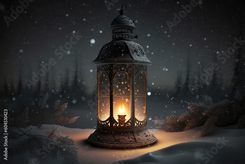Christmas Lantern On Snow With Fir Branch In Evening Scene (ai generated) © ImagineDesign