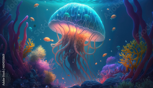 Neon jellyfish in the sea deep blue water. Abstract fantasy jellyfish on a dark background. 3D illustration. (ai generated)