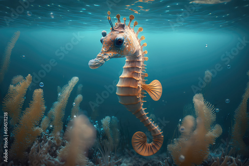 Image for 3d floor. Underwater world. Cute Seahorse. corals. (ai generated)