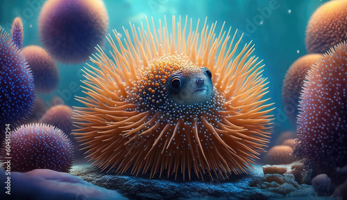 Animals of the underwater sea world. Ecosystem. Colorful tropical puffer fish. Life in the coral reef. (ai generated)