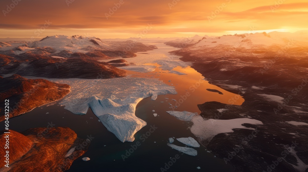 beautiful sunset over the melting glaciers, ai tools generated image