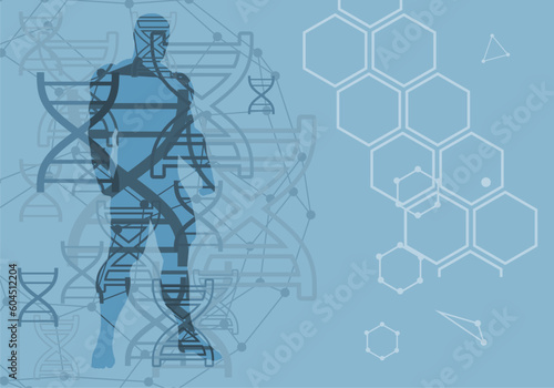 Concept of biochemistry with abstract dna symbol and silhouette of muscular man