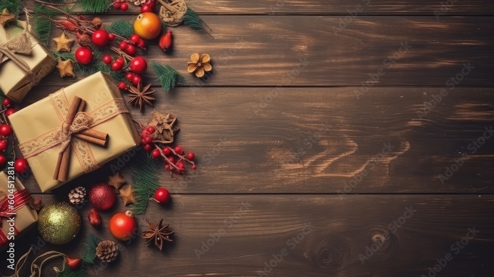 Gift box flat top view. Christmas and New Year surprise gift box. generative ai Gift box flat top view. Christmas and New Year surprise gift box. generative ai
