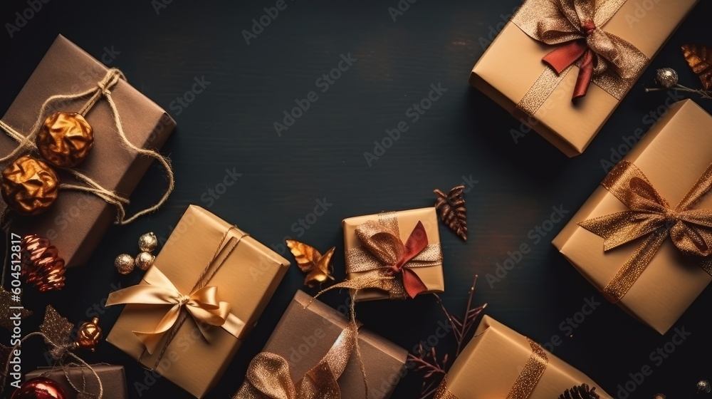 Gift box flat top view. Christmas and New Year surprise gift box. generative ai Gift box flat top view. Christmas and New Year surprise gift box. generative ai
