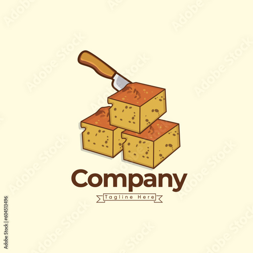 Sopa Paraguaya Cake Food Illustration Vector Logo Template. Foods Delicious Taste Design With Knif.
 Premium Vector Logo With 3D Style Cake, Plate Design, And Restaurant Paraguaya Cake Logo Design.
