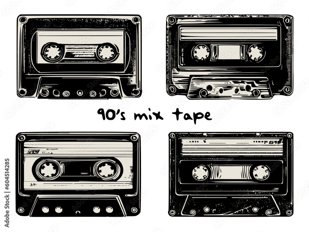 Audio cassette tape vector illustration. Set of hand drawn vintage cassette tape. Perfect design for t shirt print, poster, emblem, patch, sticker. World music day celebration. - obrazy, fototapety, plakaty 