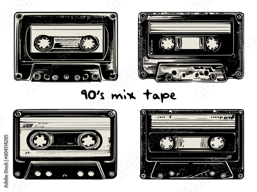 Audio cassette tape vector illustration. Set of hand drawn vintage cassette tape. Perfect design for t shirt print, poster, emblem, patch, sticker. World music day celebration. photo