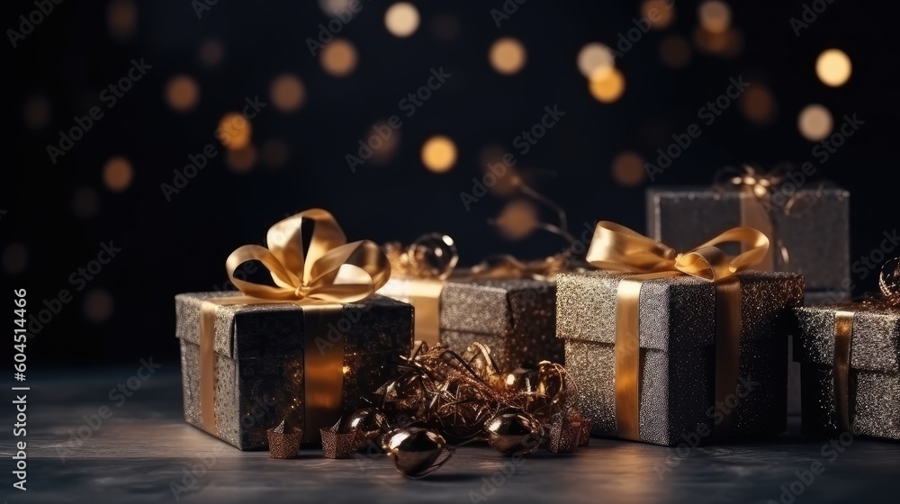 Beautiful Christmas gift boxes. Christmas and New Year surprise gift box. night bright shiny lights blurred golden bokeh. generative ai Beautiful Christmas gift boxes. Christmas and New Year surprise gift box. night bright shiny lights blurred golden bokeh. generative ai