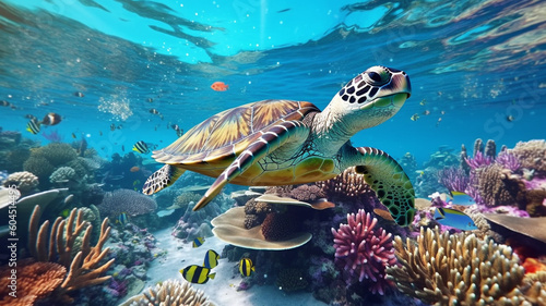 turtle with group of colorful fish and sea animals with colorful coral underwater in ocean, Generative AI © Onchira