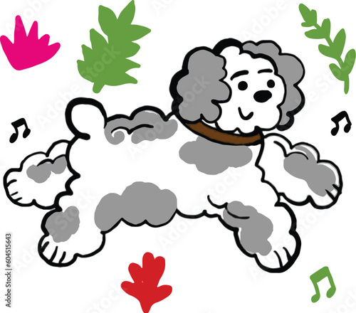 Line art cartoon cute poodle walking