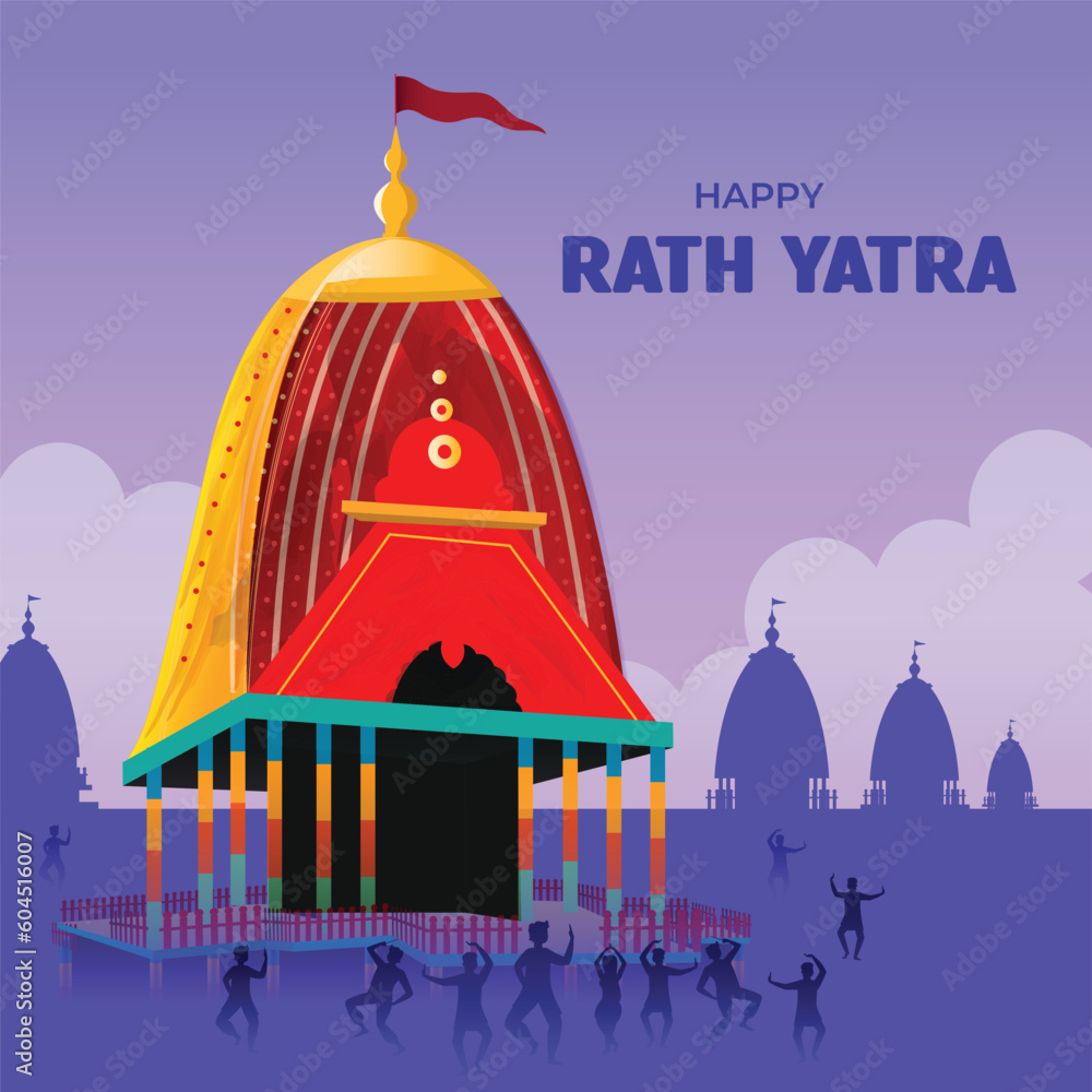 illustration of Lord Jagannath, Balabhadra and Subhadra on annual Rathayatra in Odisha festival background