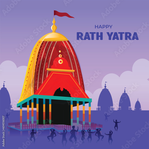illustration of Lord Jagannath, Balabhadra and Subhadra on annual Rathayatra in Odisha festival background