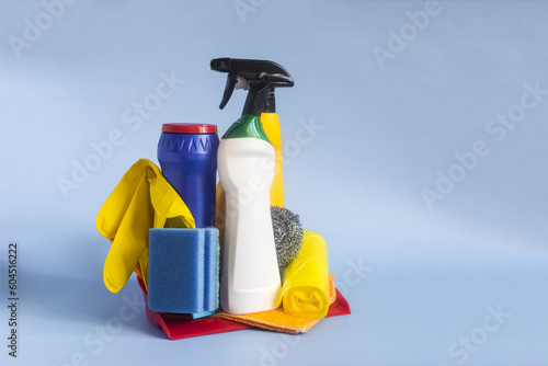 A set of tools for maintaining cleanliness in close-up on a light background